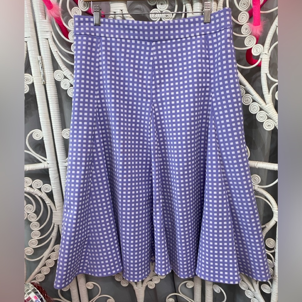 EVA MENDES A LINE MIDI SKIRT PURPLE WHITE PLAID SIZE 12 FULL SWING CIRCLE